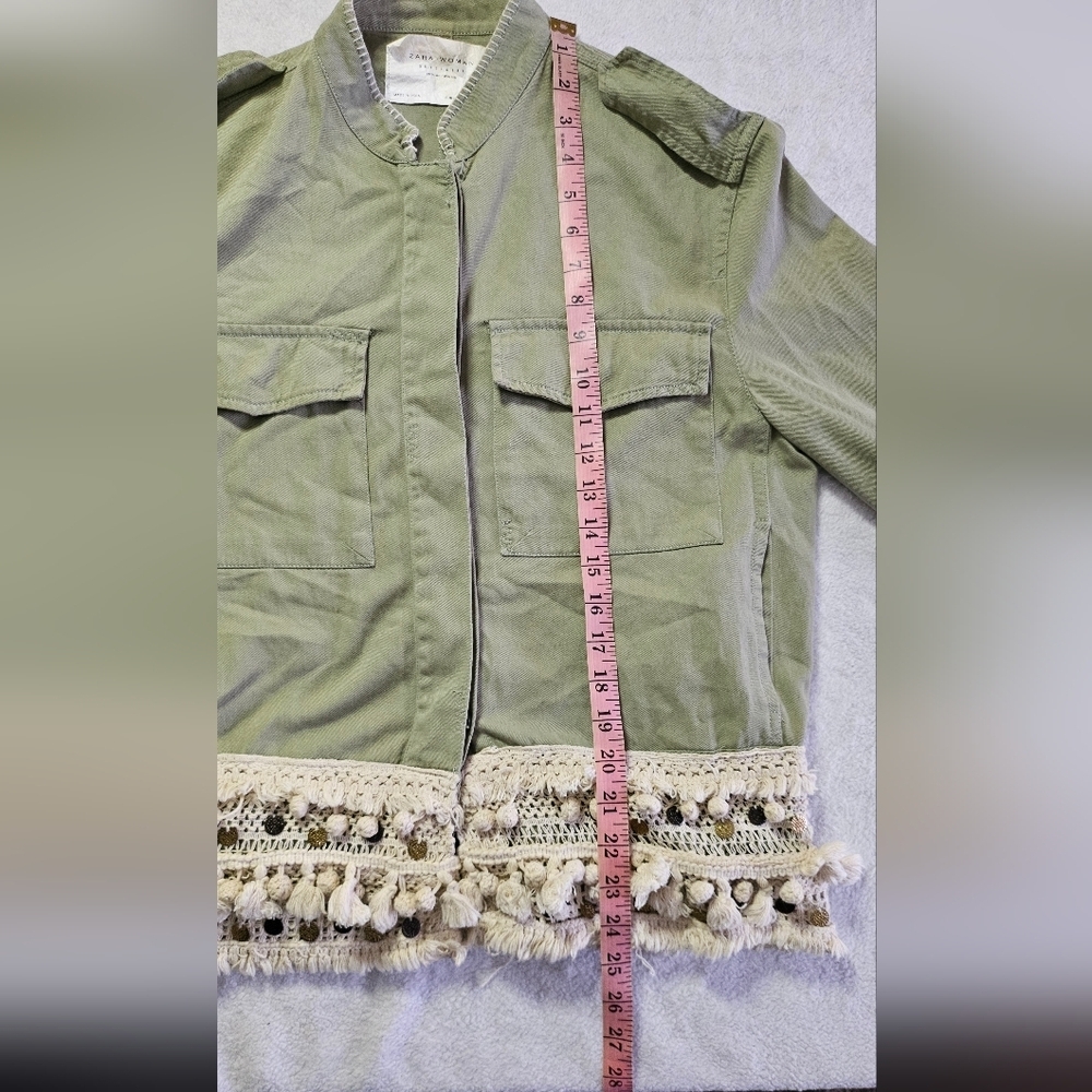 Zara Woman Outerwear Army Green Tassel Pom Fringe Boho Jacket - Picture 4 of 13